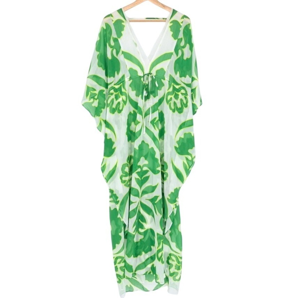 White House Black Market Green Botanical Maxi Caftan Dress One Size Coverup
